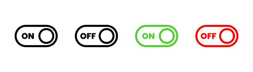 Outline toggle switch icons in black green and red, Line Art On Off Buttons, User Interface Slider Controls, Stroke Style Settings Graphic, Mobile App Switch Vector, Vector illustration.
