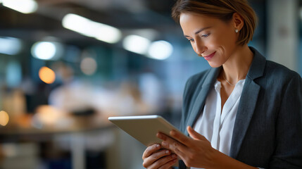 Faceless tablet hands businesswoman in office heavily defocused workplace background anonymous female financial manager with research for finance report digital technology