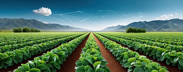 Wide agricultural landscape with neatly lined crops and smart farming data visualization arcs