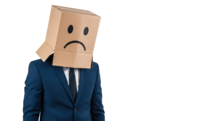 Sad businessman with cardboard box on head isolated PNG, concept for anonymity and emotional expression on transparent background
