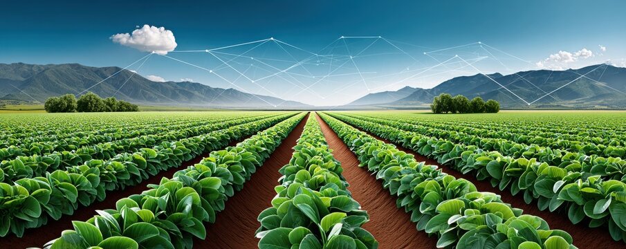 Wide agricultural landscape with neatly lined crops and smart farming data visualization arcs - Powered by Adobe