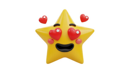 Yellow star emoji with heart eyes isolated PNG, cute cartoon character with love expression on transparent background, emoticon for social media