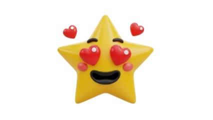 Yellow star emoji with heart eyes isolated PNG, cute cartoon character with love expression on transparent background, emoticon for social media