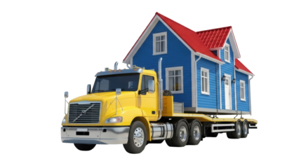 Yellow semi-truck carrying a blue house with red roof isolated PNG, residential moving concept for relocation and transportation services