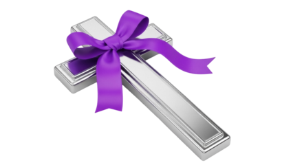 Silver Christian cross with purple ribbon isolated PNG, religious symbol for Easter and Christmas celebrations on transparent background