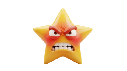 Angry star emoji PNG isolated on transparent background, cartoon character with furious expression for social media and design use