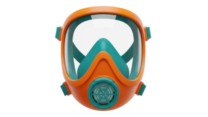 Orange and teal full face snorkel mask isolated PNG, underwater swimming gear for snorkeling and diving on transparent background