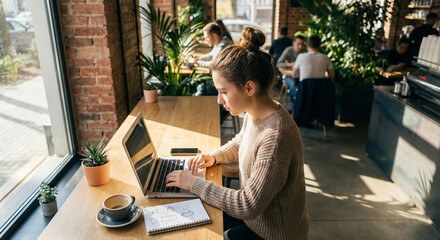 Young woman working on laptop in sunny cafe