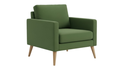 Modern green armchair isolated PNG on transparent background, comfortable lounge chair for living room or office waiting area furniture