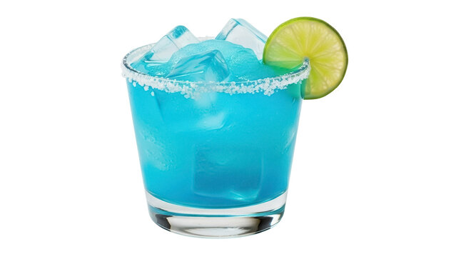 Refreshing blue margarita cocktail with lime isolated PNG, summer drink with ice and salt rim on transparent background for party and bar use