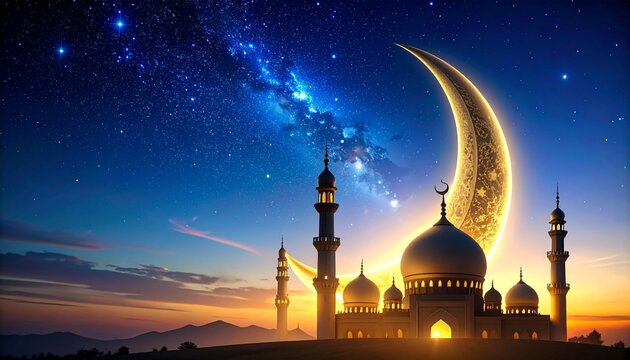 Crescent moon with mosque silhouette glowing against a dark night sky, premium Islamic design with extra copy space. Perfect for Ramadan and Eid al-Fitr banners, posters, and greeting cards.