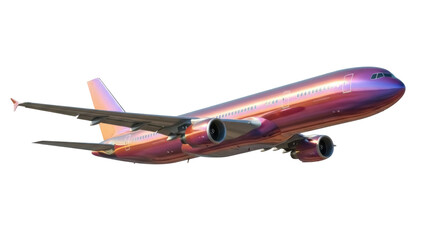 Modern iridescent passenger airplane PNG isolated on transparent background, commercial aviation...