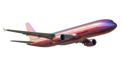 Modern iridescent passenger airplane PNG isolated on transparent background, commercial aviation for travel and transportation industry