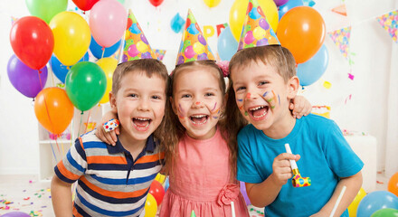 Happy children celebrating at colorful birthday party