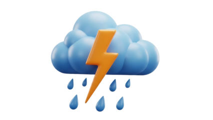 Blue cloud with orange lightning and rain drops isolated PNG, weather forecast element on transparent background, stormy season