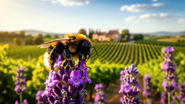 Bumblebee collecting nectar from a lavender flower with a vineyard and chateau in the background