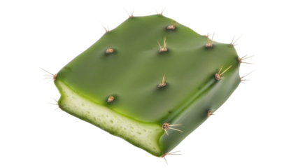 Sliced prickly pear cactus pad isolated PNG, vibrant green nopal cactus leaf with spines on transparent background, healthy food ingredient