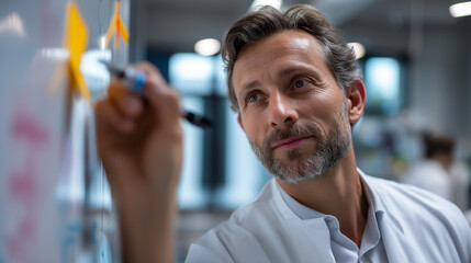 Faceless surgeon writing on whiteboard in hospital heavily defocused clinic background anonymous mature man doctor with schedule operation theater roster organization