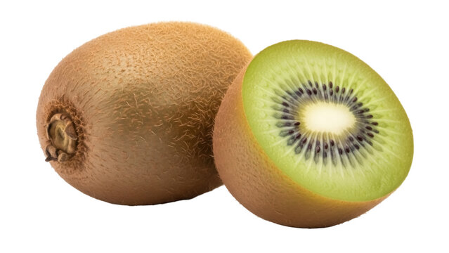 Fresh kiwi fruit isolated PNG, whole and halved kiwis on transparent background, healthy eating and tropical fruit