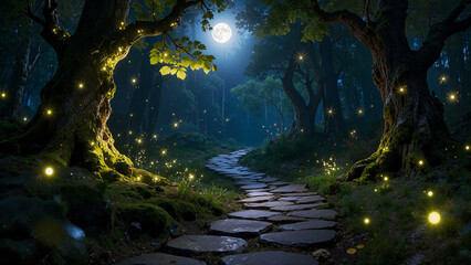 A path made of stones winds through a dark forest. Trees stand on both sides, and small lights glow softly in the night. A full moon is visible in the sky above the scene