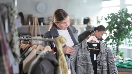 European woman customer examine and choose new coat for cold season in big modern store
