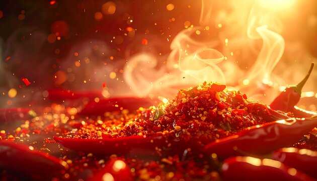 Spicy red peppers and chili powder surrounded by smoke and fiery sparks in a dramatic close-up shot