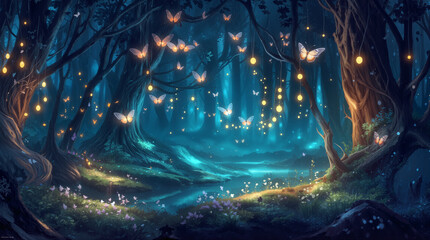 A forest is full of glowing butterflies flying among large trees. Soft lights hang from branches. Cool light shines on flowers and the path. The scene appears lively and enchanting