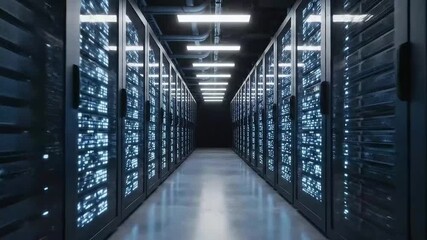 Lights turning on in a server room. Inside a dark server room data center for network communications and cloud storage. - Powered by Adobe