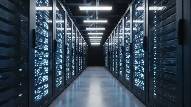 Lights turning on in a server room. Inside a dark server room data center for network communications and cloud storage.