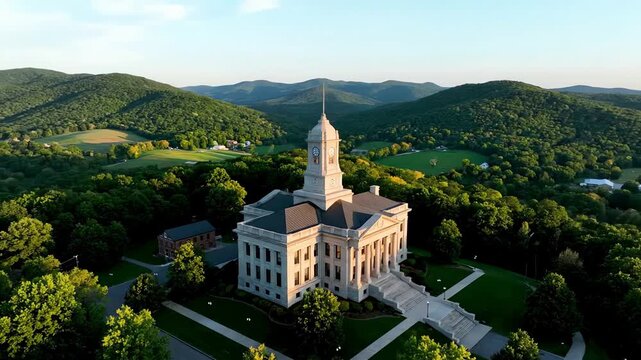 Majestic courthouse building nestled in lush green rolling hills during golden hour aerial drone footage