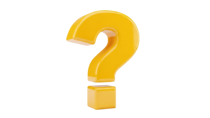 Glossy yellow question mark isolated PNG on transparent background, symbol for uncertainty and problem solving