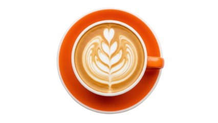 Latte art in orange cup isolated PNG on transparent background, coffee drink with heart and leaf pattern for cafe menu