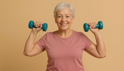 A senior woman smiles while holding dumbbells in each hand. She is exercising indoors under soft lighting. The focus is on her enthusiasm for staying fit and active