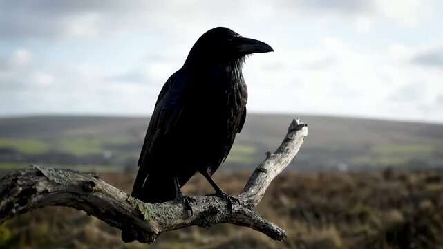 Majestic black bird perched on a dead tree branch in a misty moorland landscape
