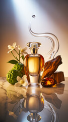 Elegant perfume bottle with floral accents and natural elements creating a serene, aromatic atmosphere in a softly lit setting