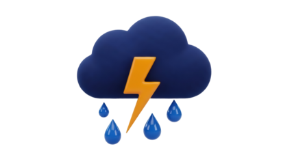 Dark blue storm cloud with yellow lightning and raindrops isolated PNG, weather forecast icon for graphic design and meteorology