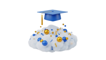 Blue graduation cap PNG isolated above a cloud with confetti, academic achievement and celebration on transparent background