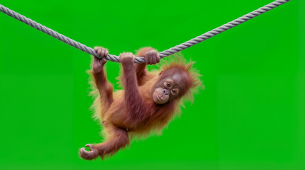 A young orangutan grips a thick rope and swings while showing curiosity. The setting features a plain green background, indicating a playful atmosphere