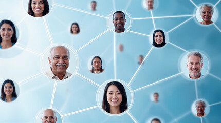 People are connected by lines in a network design. Each circle displays a person's face. This setup shows how individuals are linked together. The background is light and features a blue tone