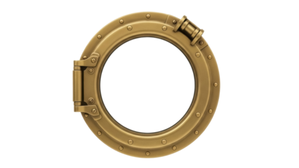 Antique brass porthole PNG isolated on transparent background, nautical window frame with rivets for ship design and decoration