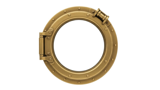 Antique brass porthole PNG isolated on transparent background, nautical window frame with rivets for ship design and decoration