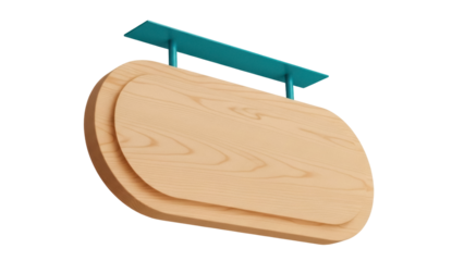 Wooden sign board PNG isolated on transparent background, blank rounded rectangle signboard with teal metal bracket for shop or restaurant