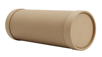 Tan corrugated cardboard tube isolated PNG, cylindrical packaging container for shipping and storage on transparent background