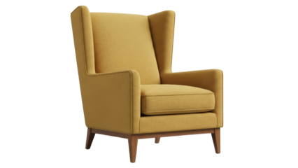 Elegant mustard yellow wingback armchair isolated PNG, comfortable upholstered seat for living room or bedroom interior design