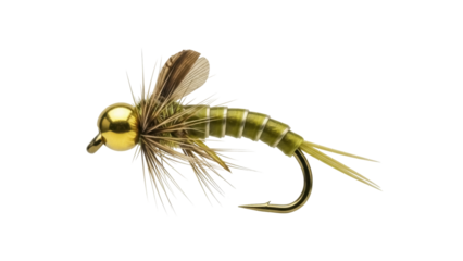 Olive nymph fly fishing lure isolated PNG, artificial bait for trout and salmon fishing on transparent background