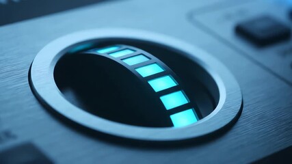 Close up of a digital volume knob with glowing blue indicator lights increasing gradually - Powered by Adobe