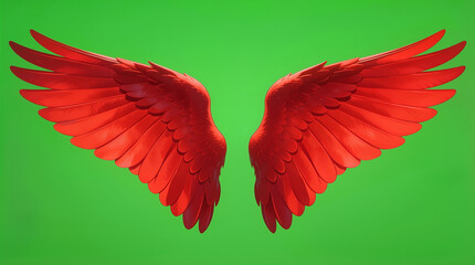 Red wings are displayed against a green background. The wings have a detailed shape and texture. This design can be used for various creative projects and digital content