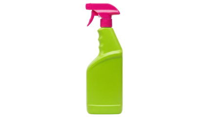Green spray bottle with pink nozzle isolated PNG, cleaning product for household chores and gardening on transparent background