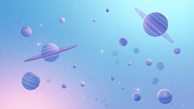 Digital Illustration of Various Purple Planets and Stars Floating in Space Scene with a Light Blue