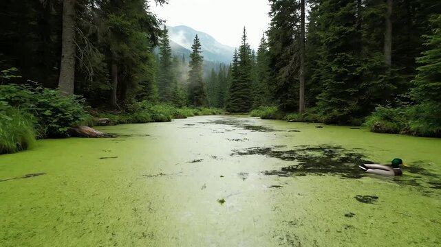 Two ducks swim serenely on a duckweed covered forest stream with tall evergreen trees